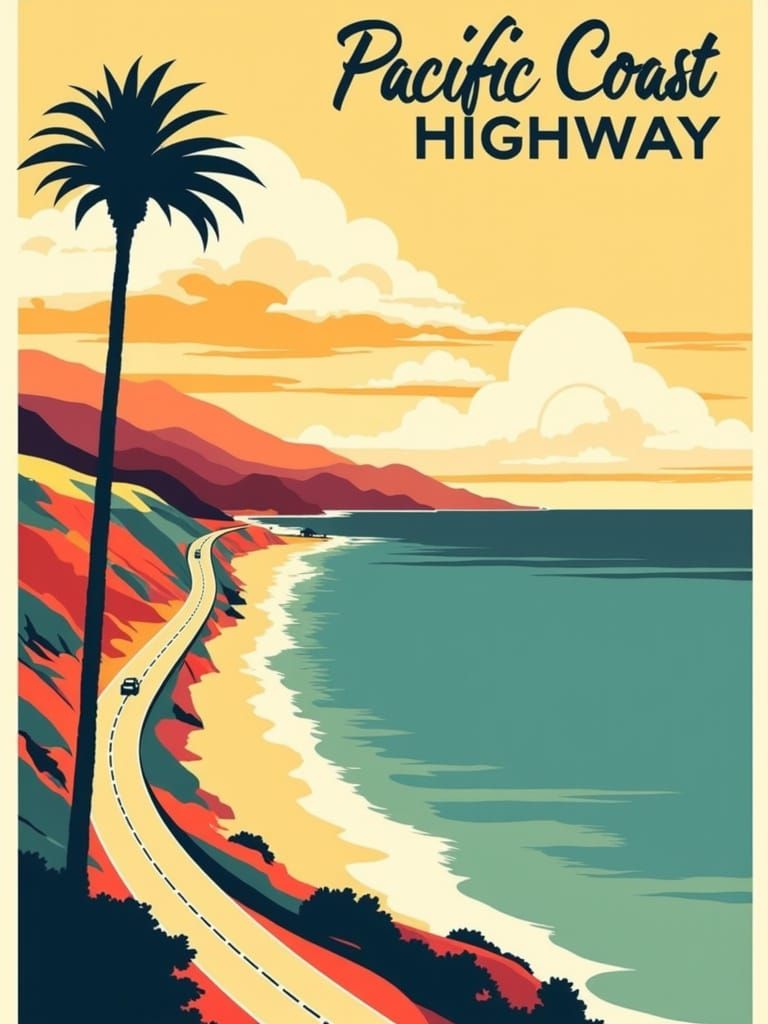 Vintage-Inspired Travel Poster of Pacific Coast Highway in D...
