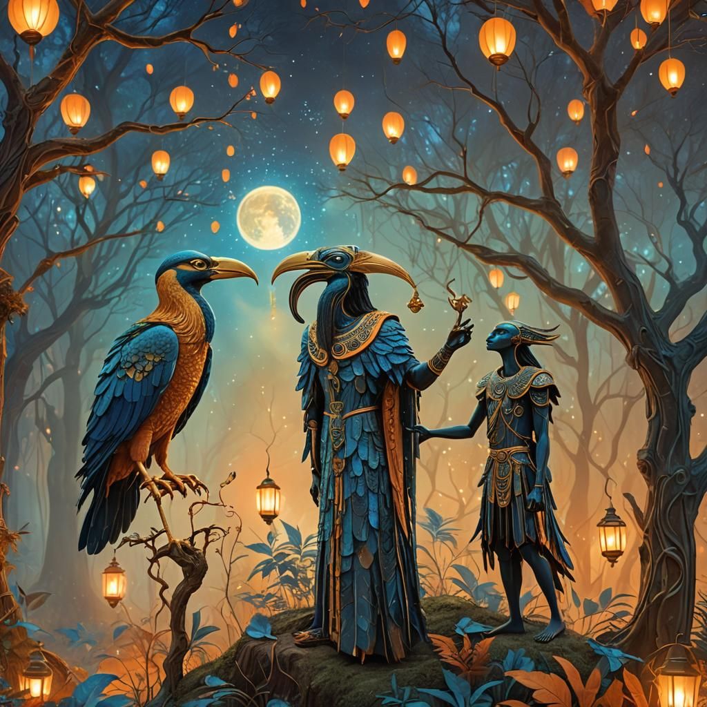 Thoth and Epimetheus in Mystical Forest: Surreal Art