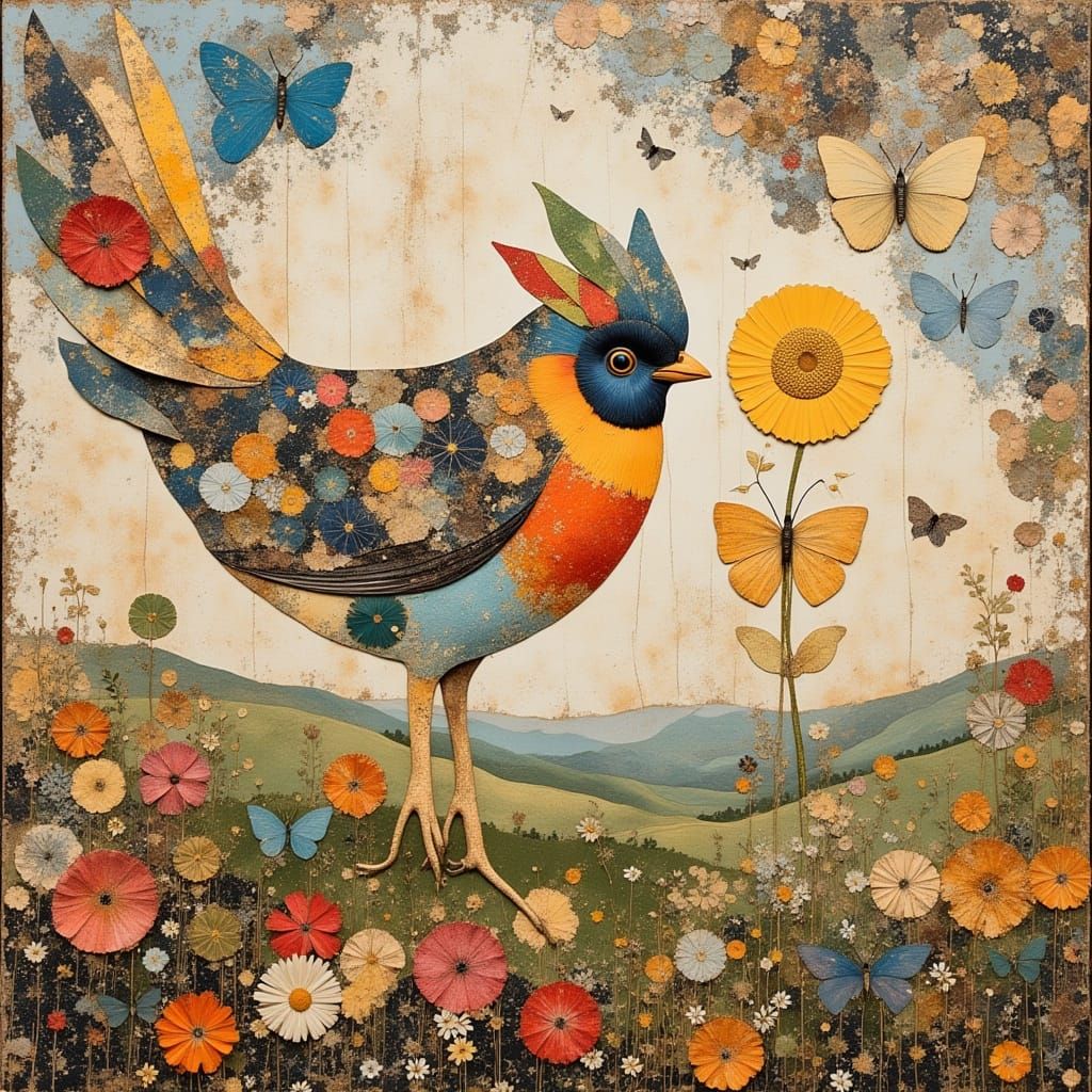 Fantasy Collage with Newspaper Winged Fairy and Unicorn