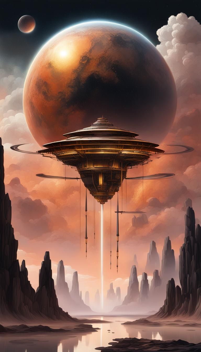 Alien and Portal on Mars: Chinese Ink Painting