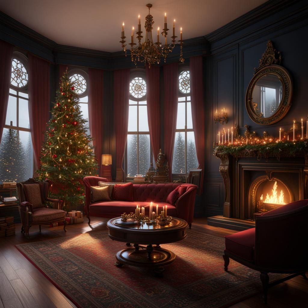 Victorian Christmas Living Room: Matte Painting in 8K