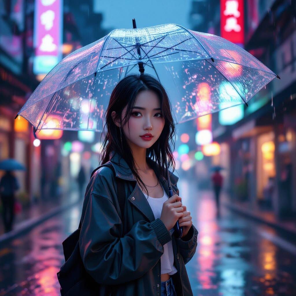 Young Woman with Umbrella on Wet Taiwanese Street