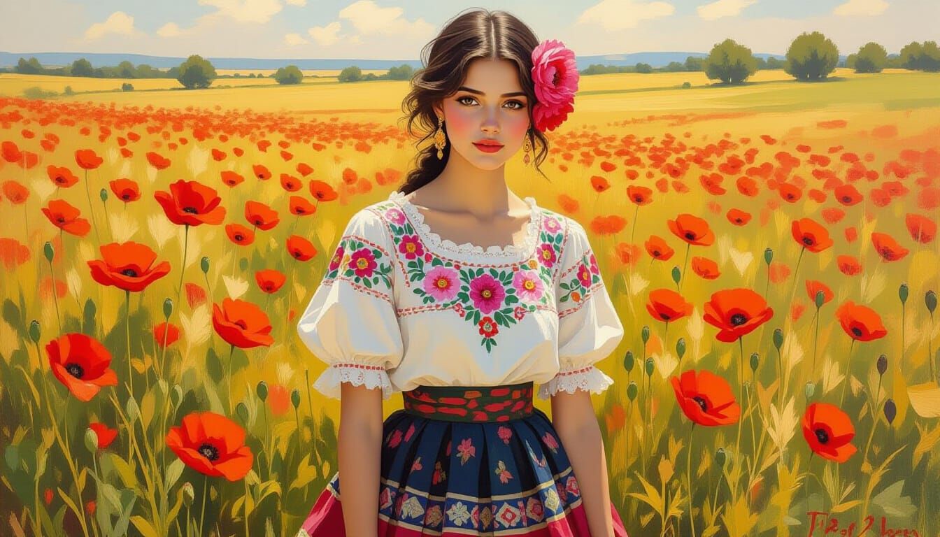 Romanian Girl in Poppy Field, Golden Oil Painting