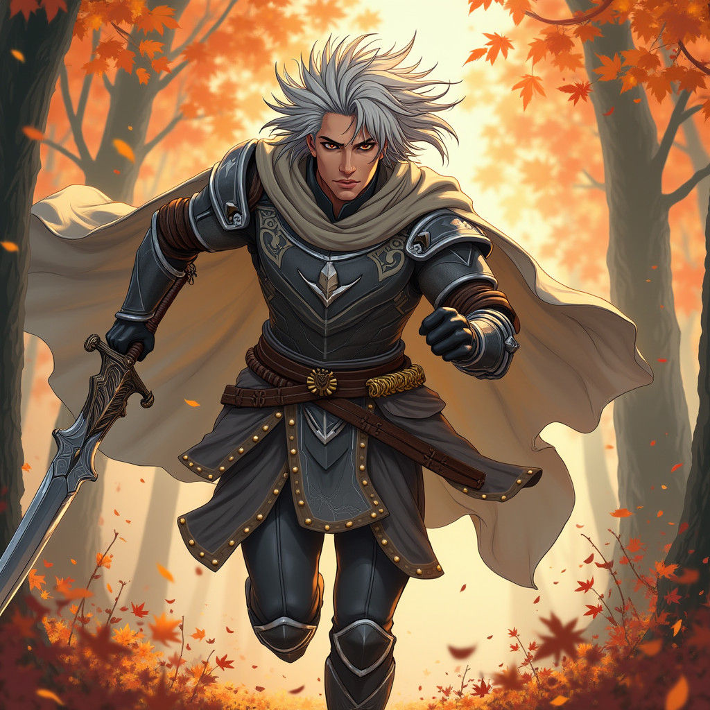 Silver Haired Warrior Chasing Through Autumn Forest