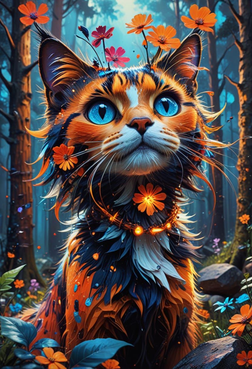 Vibrant Forest Cat in Triadic Colors