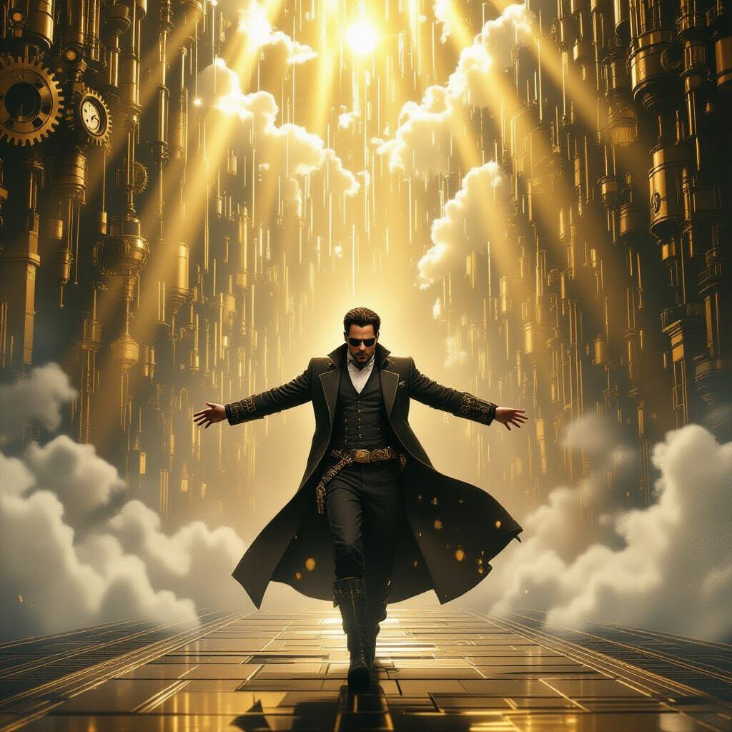 Steampunk Neo Dodging Brass Gears in Digital Rain