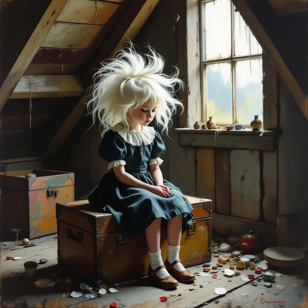 Melancholic Girl with Puffy Hairstyle in Attic