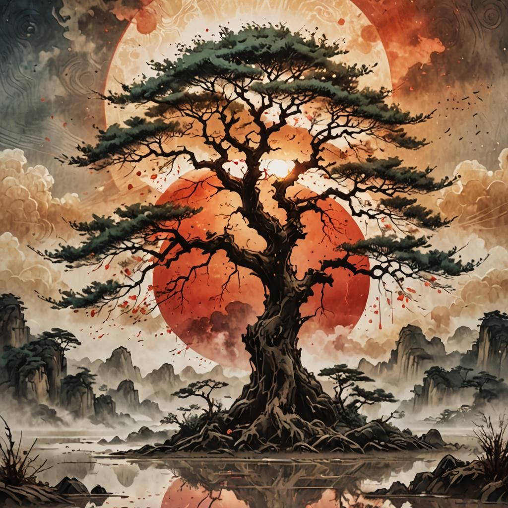 Fearsome Old Tree: Chinese Ink Painting with Red Sun