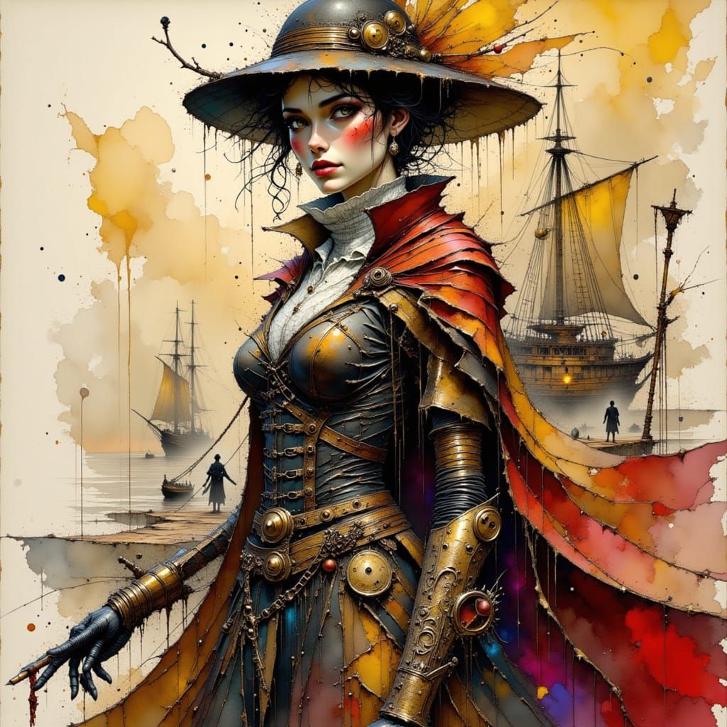 Regal Woman in Steampunk Airship, Ink Drawing Style