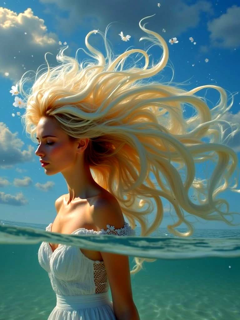 Woman in White Dress Submerged in Stormy Waters