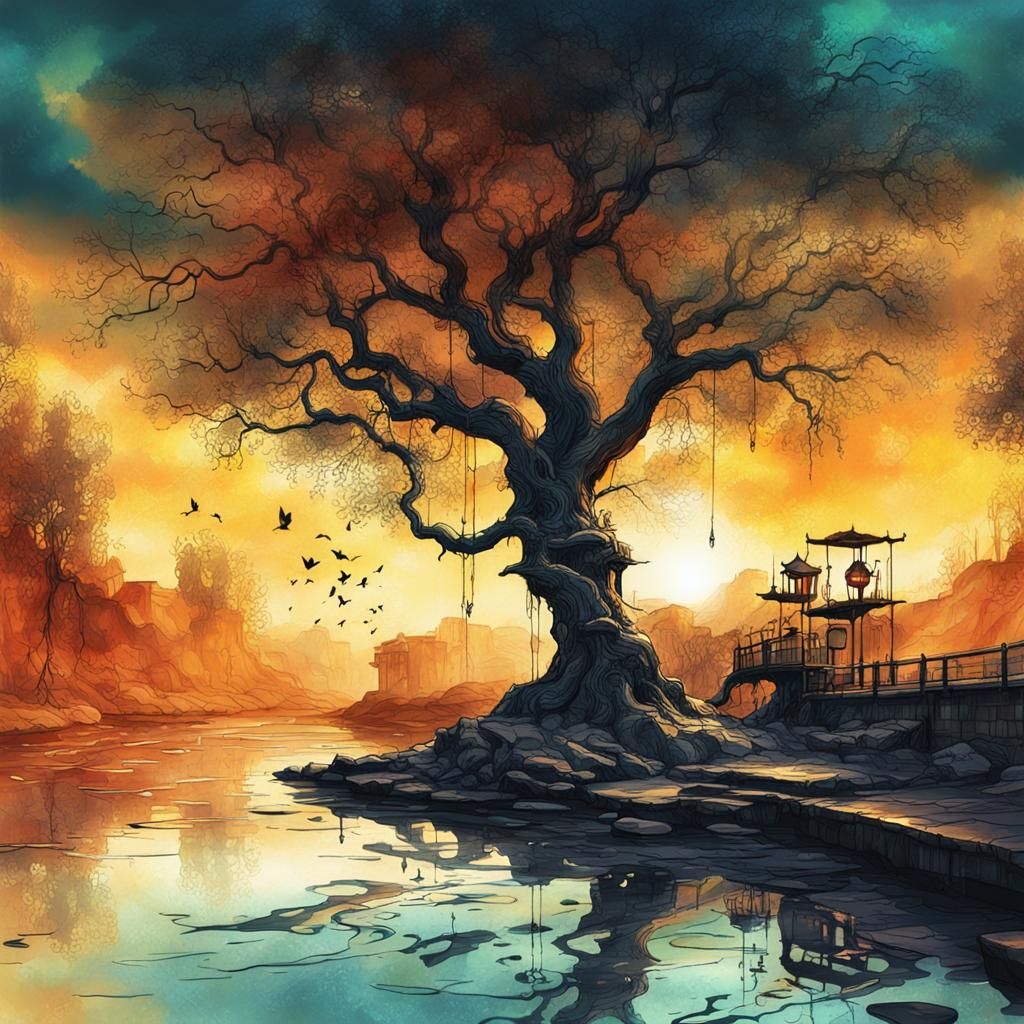Sunset Tree by Stream in Steampunk Ink Art
