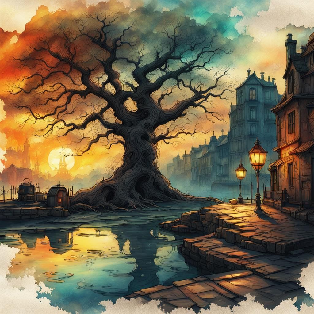 Steampunk Sunset Stream: Ink Painting on Crumpled Paper