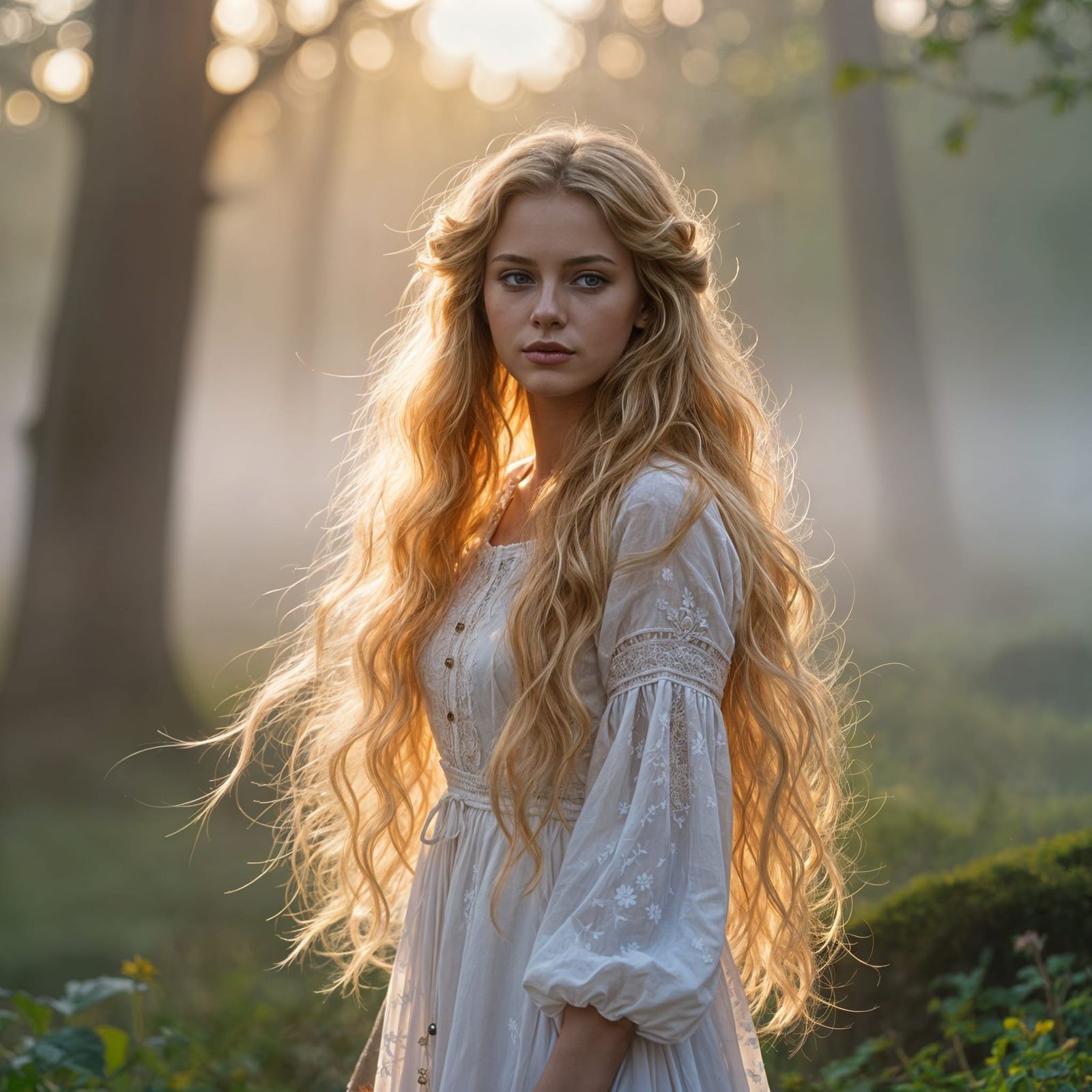 Slavic Girl in Misty Forest at Sunset