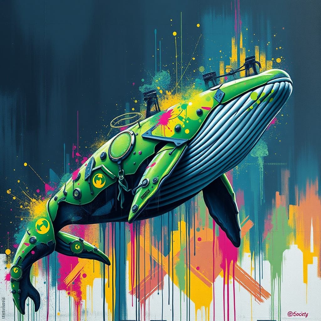 Whale in Vibrant Green Lantern Costume Graffiti Art