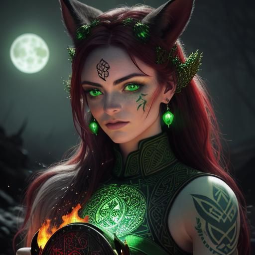 Stunning Celtic computer entirely covered with traditional Celtic tattoos. Green eyes and ears. Red moon, fire, flames. ...