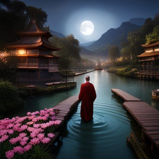 Monk with Book, Moon, Swan and Lotus