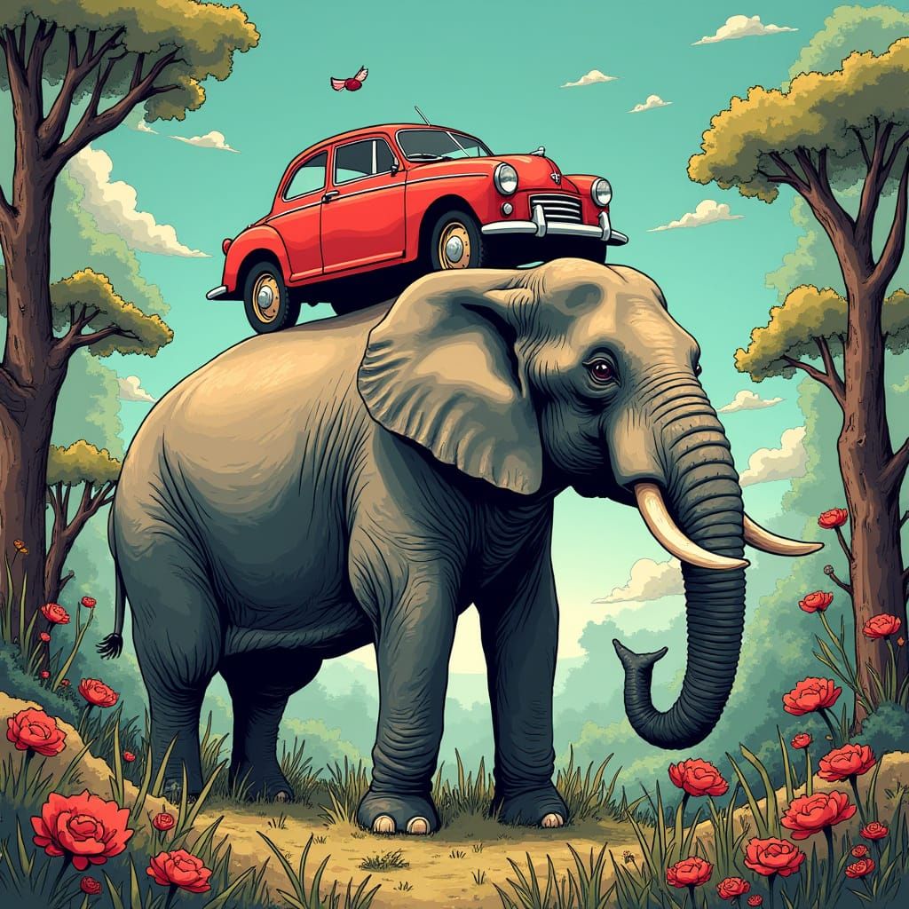Whimsical Car Elephant in Vibrant Jungle