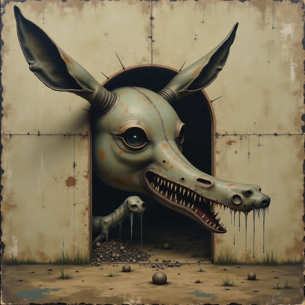Distorted Donkey Emerges from Torn Canvas in Cyberpunk-Inspi...