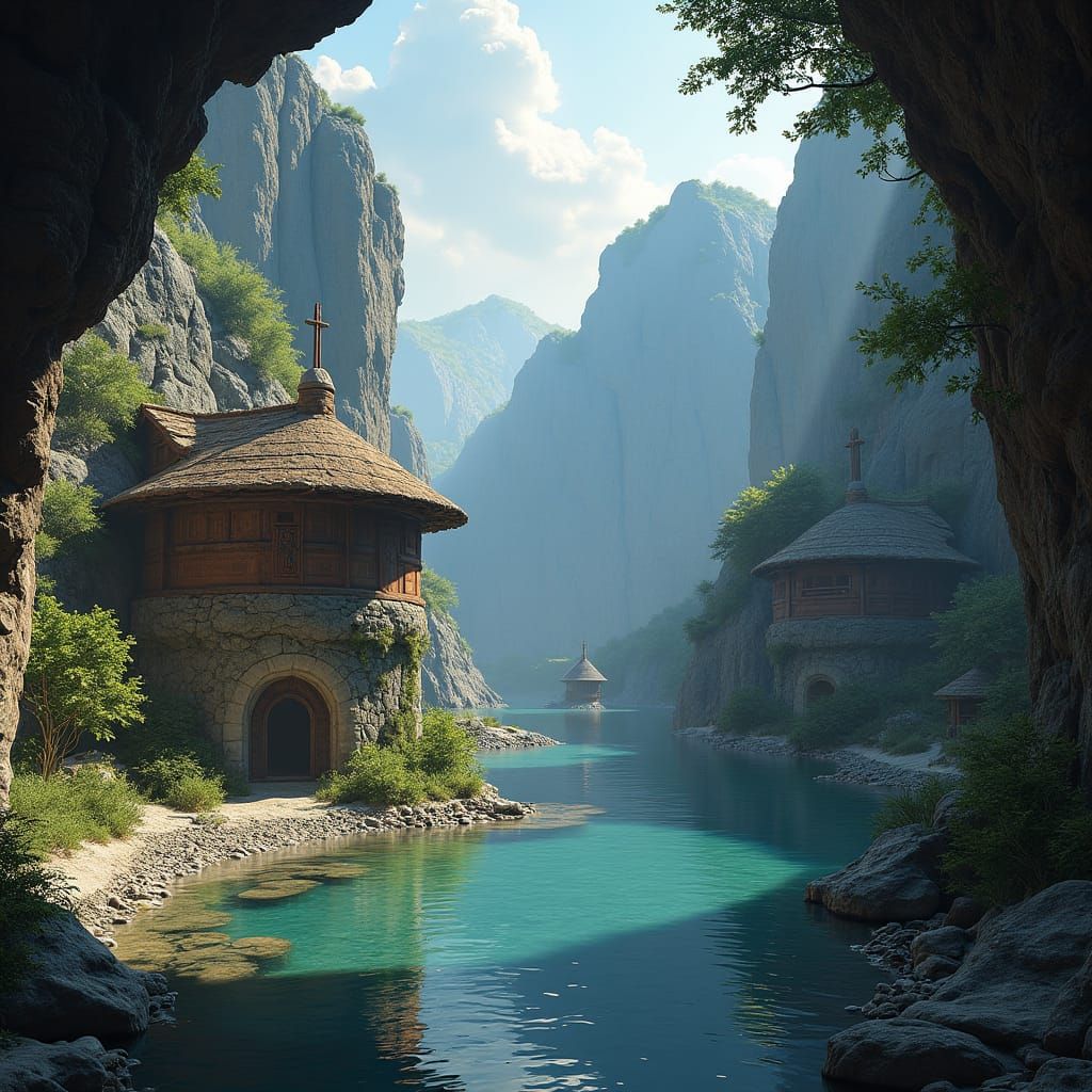 Neolithic Cave Village at River Confluence: Matte Painting