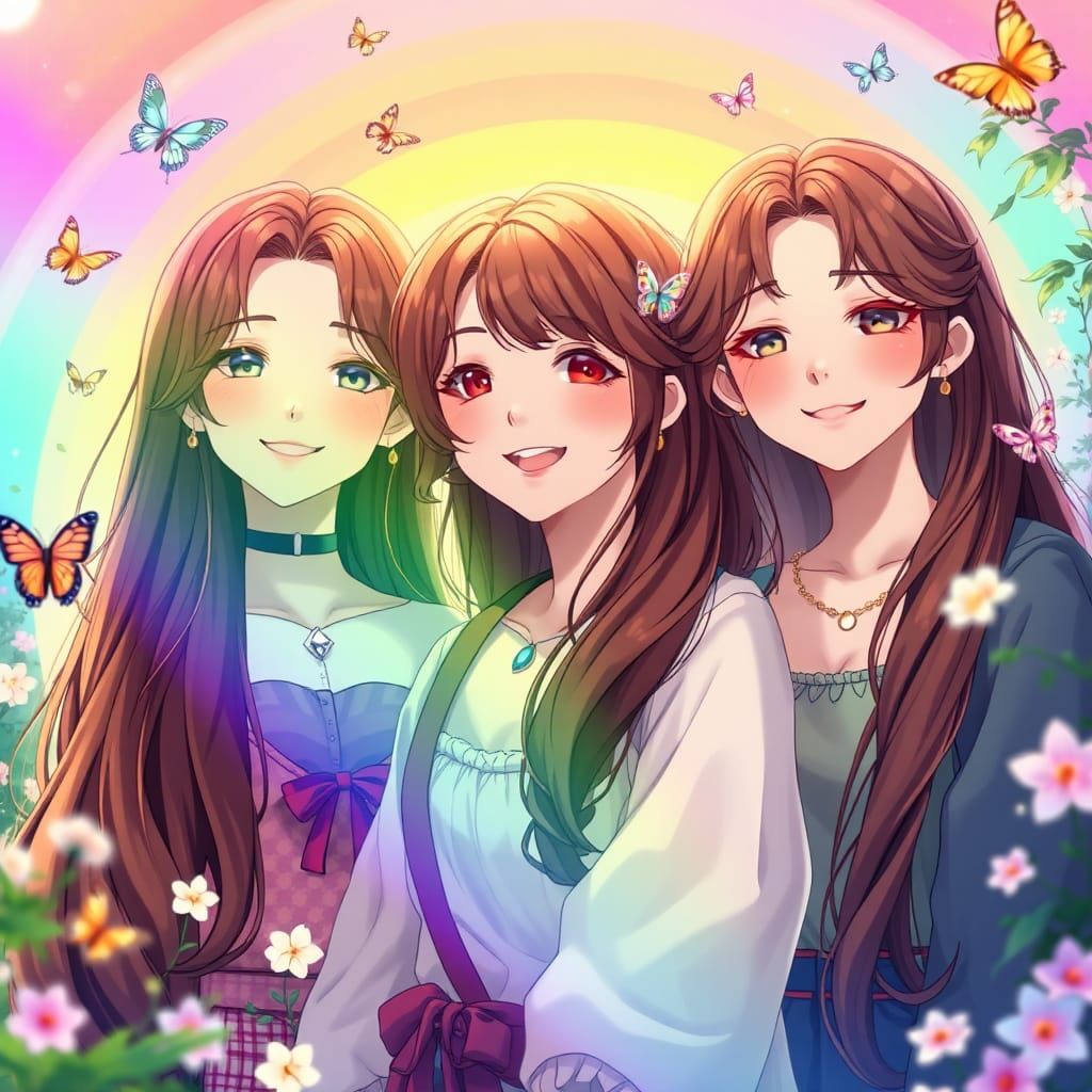 Three Vibrant Women in Rainbow Anime Style
