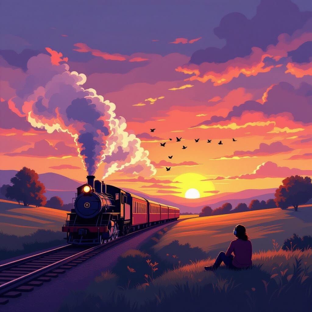 Lofi Sunset Train Journey in a Cozy Landscape