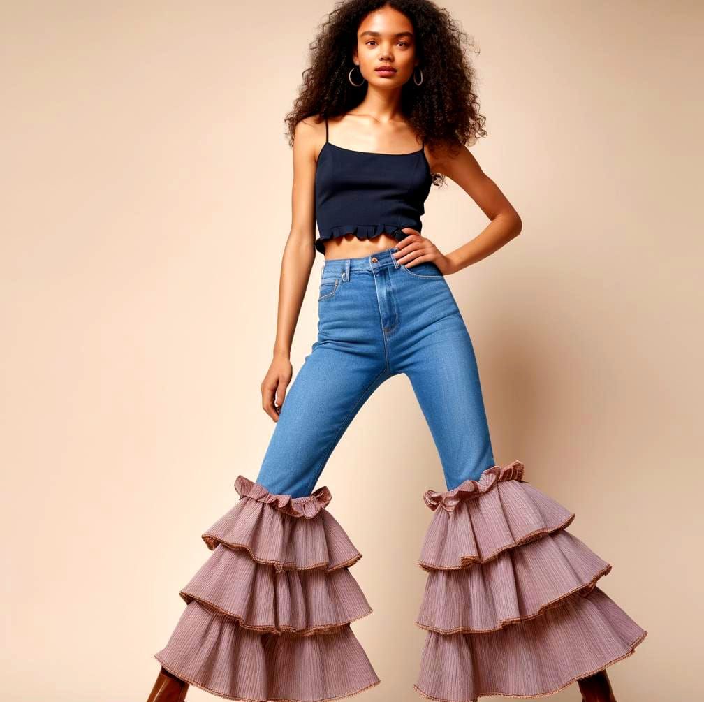 Model Showcasing Ruffle Layered Denim Jeans