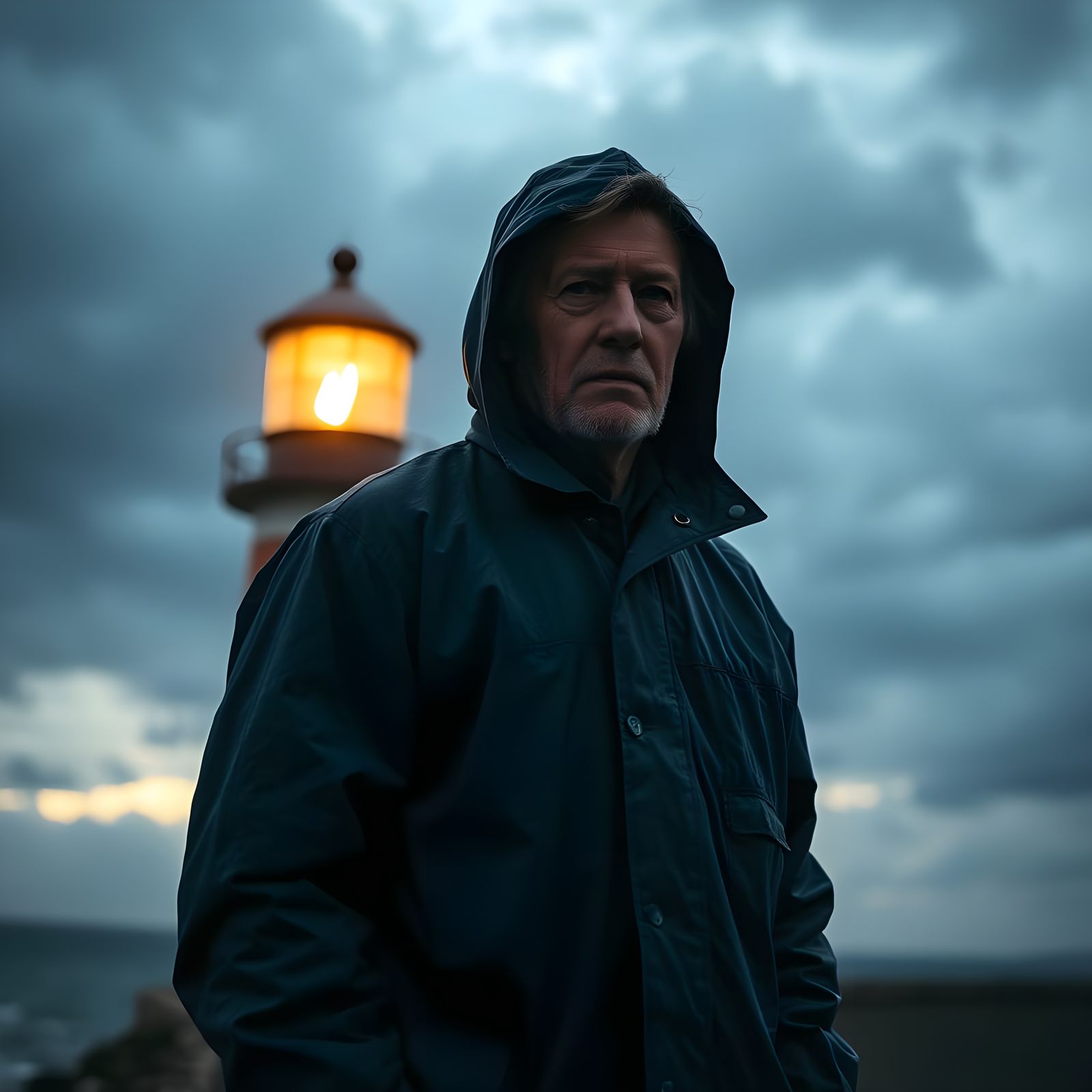 Lighthouse Keeper in Stormy Cinematic Portrait