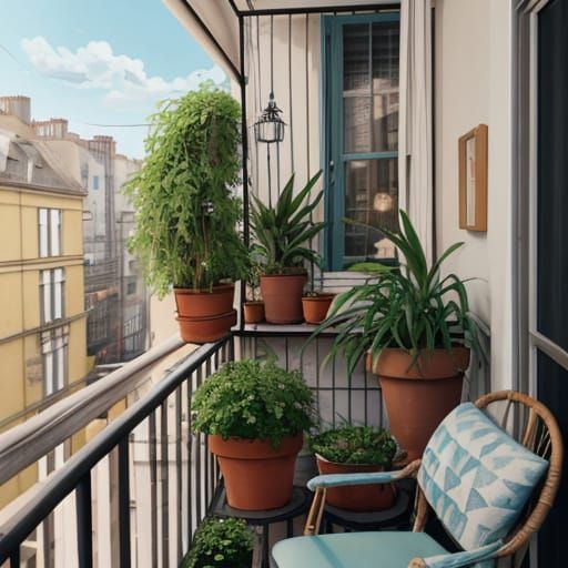 Whimsical City View from a Tiny Balcony