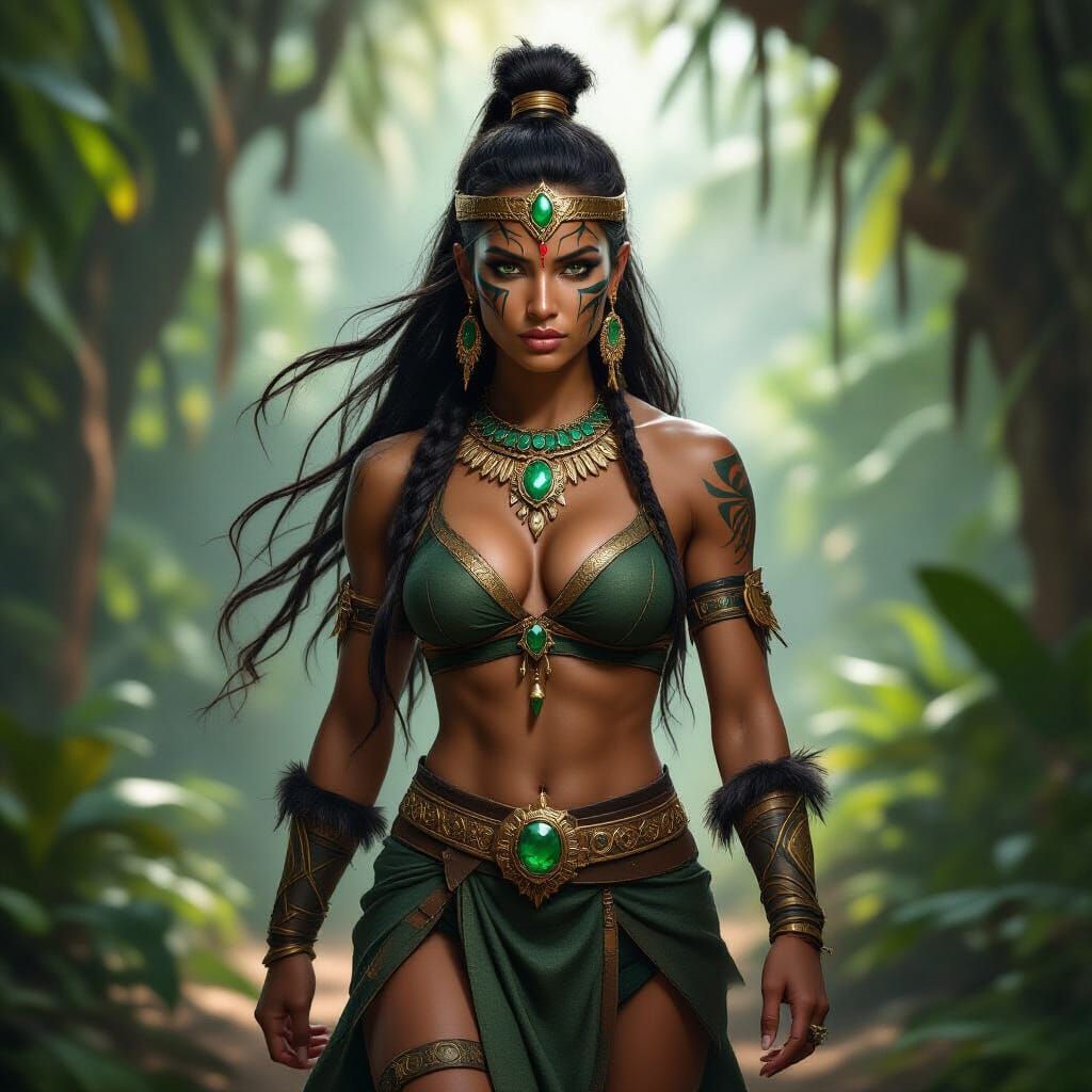 Imposing Tribal Female Warrior in Jungle, Photorealistic
