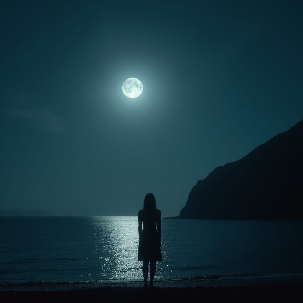 Moonlit Serenity: Woman Gazing at Tranquil Sea