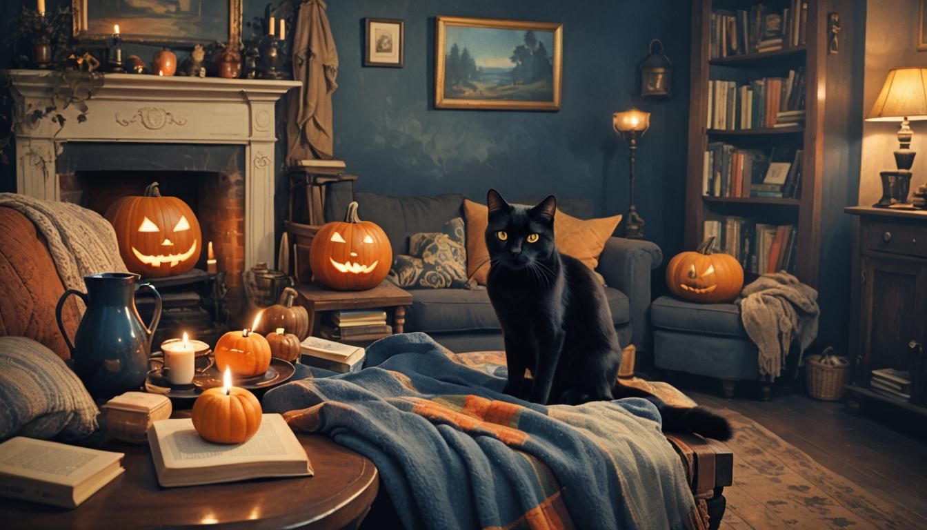 Cozy Cottage Black Cat in Watercolor Painting Style