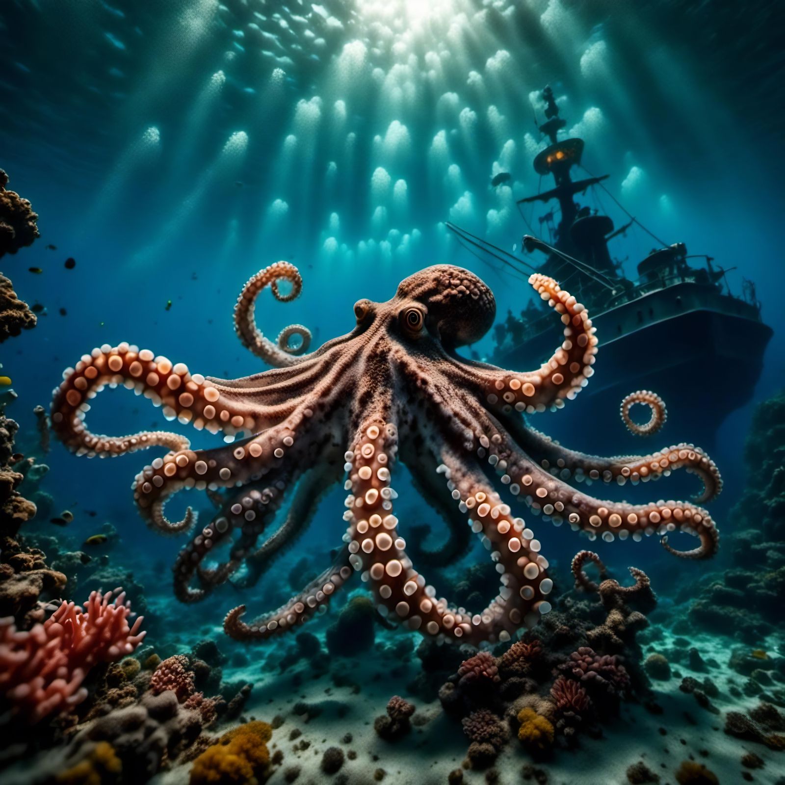 <lora:Surface Reflections:1.0> <lora:Underwater coral:1.0> <lora:Underwater:1.0> Giant octopus attacking an Ohio class s...