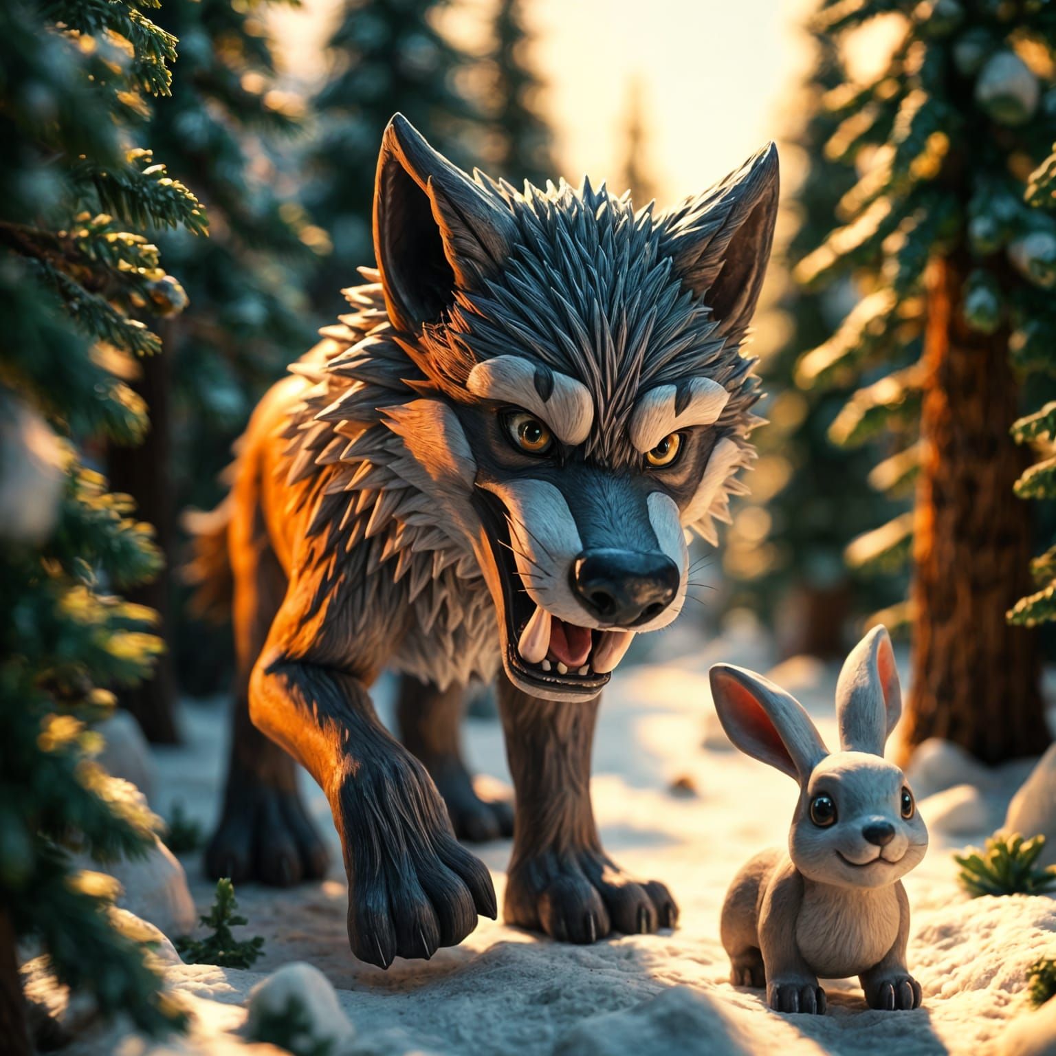 Claymation Hunting Scene in a Winter Forest