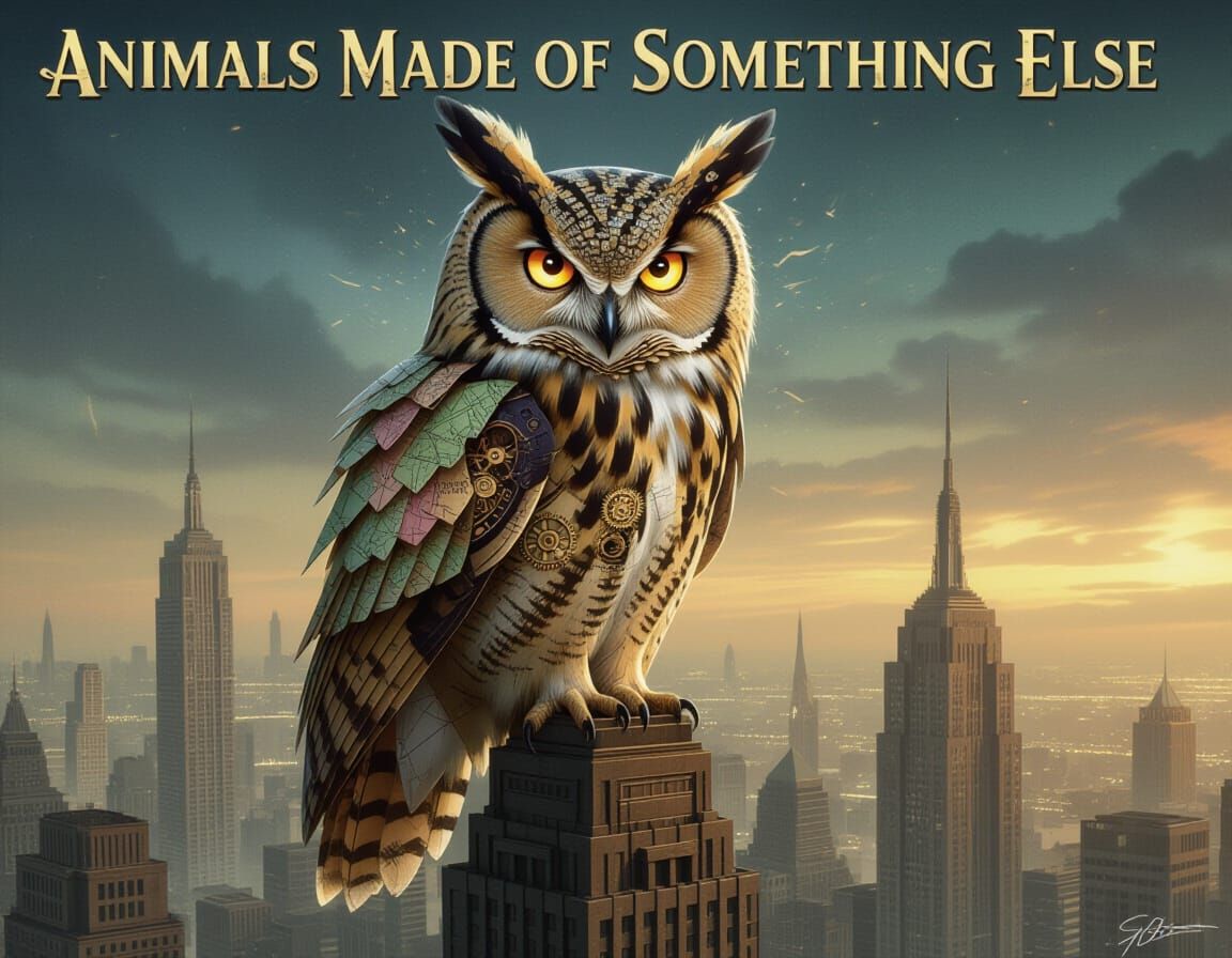 Dieselpunk Owl with Clockwork Feathers on Skyscraper