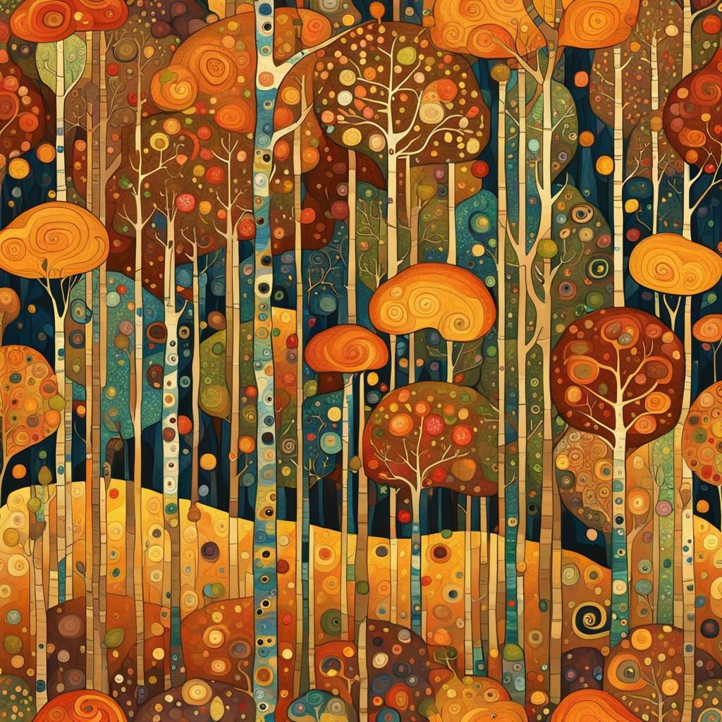 Autumn Forest in Klimt Style with Gold Accents