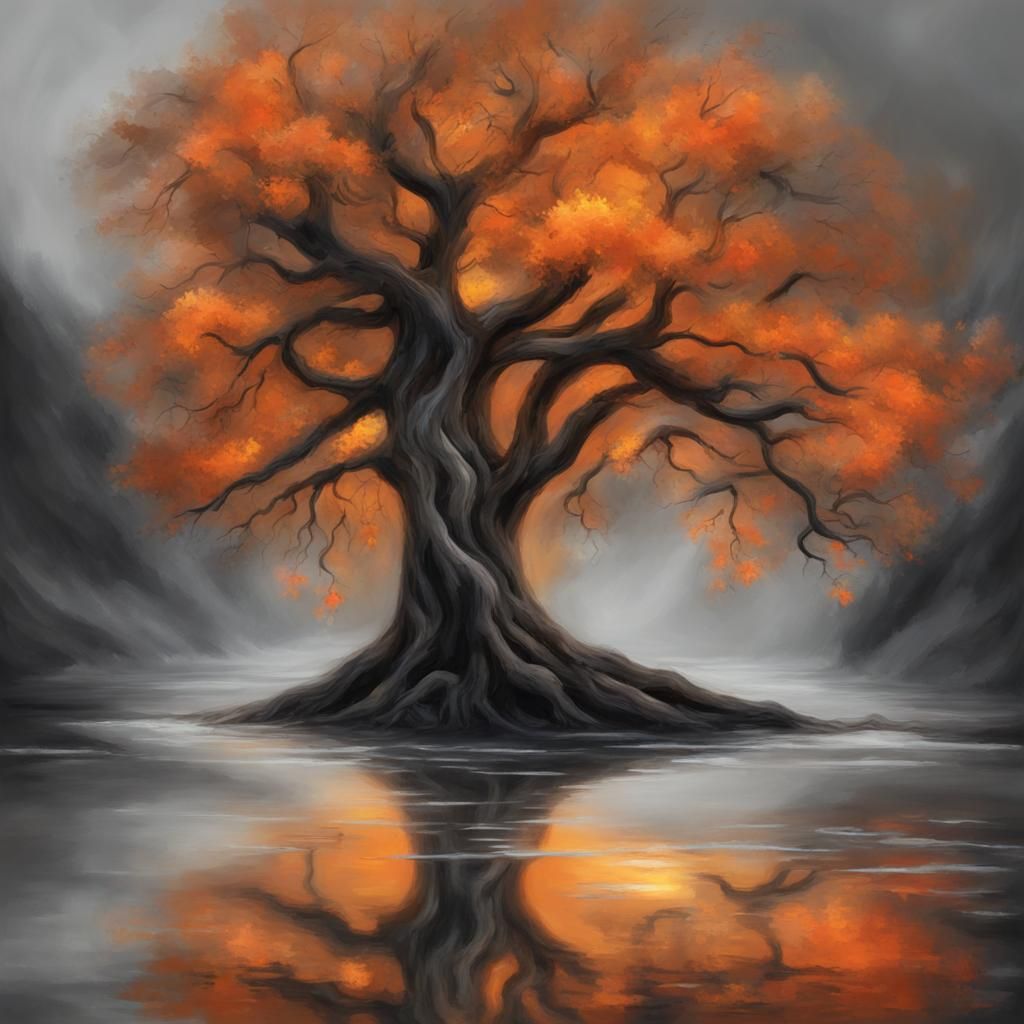 Fantasy Tree with Fiery Leaves: Digital Oil Painting