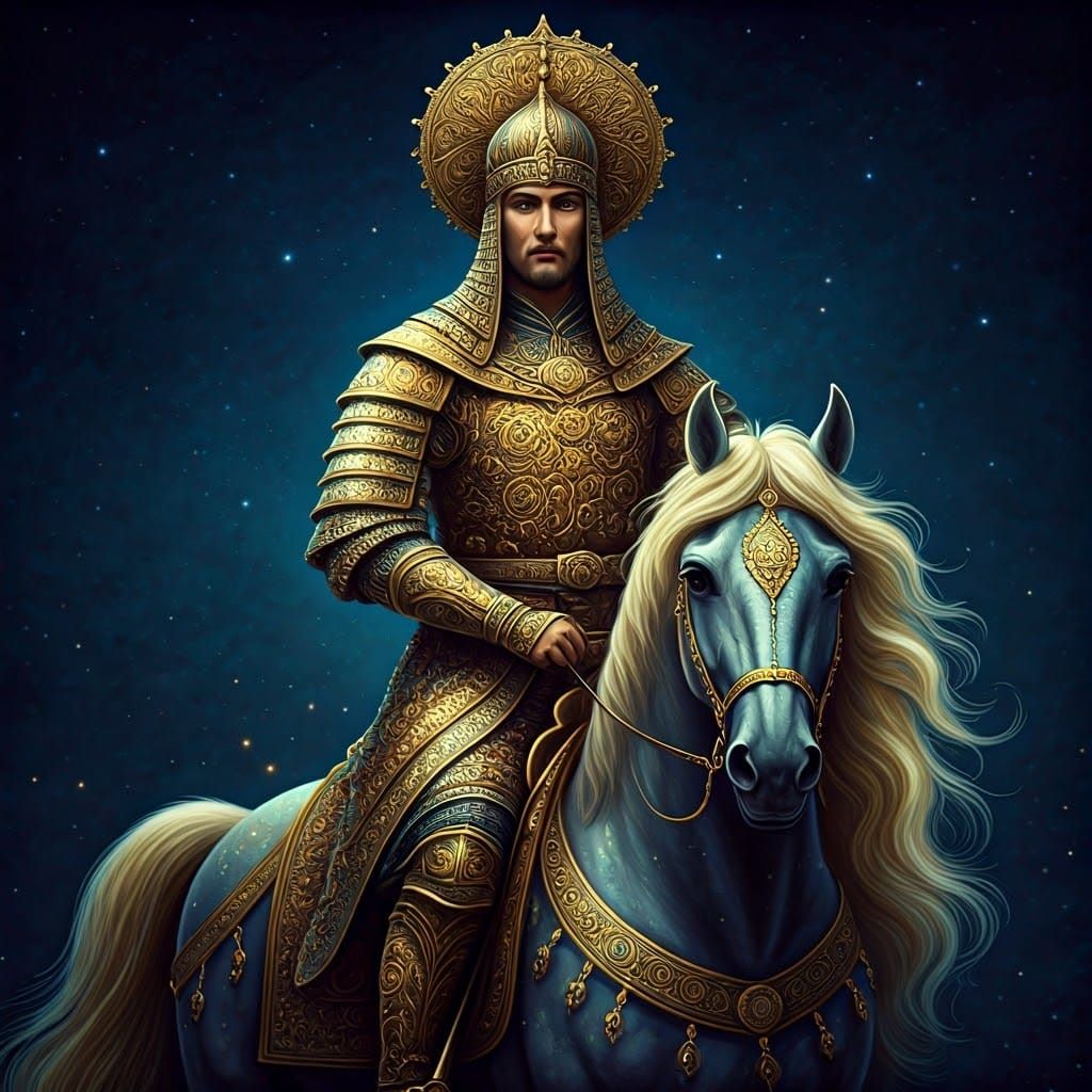Golden Armored Figure on Horse in Folk Art Style