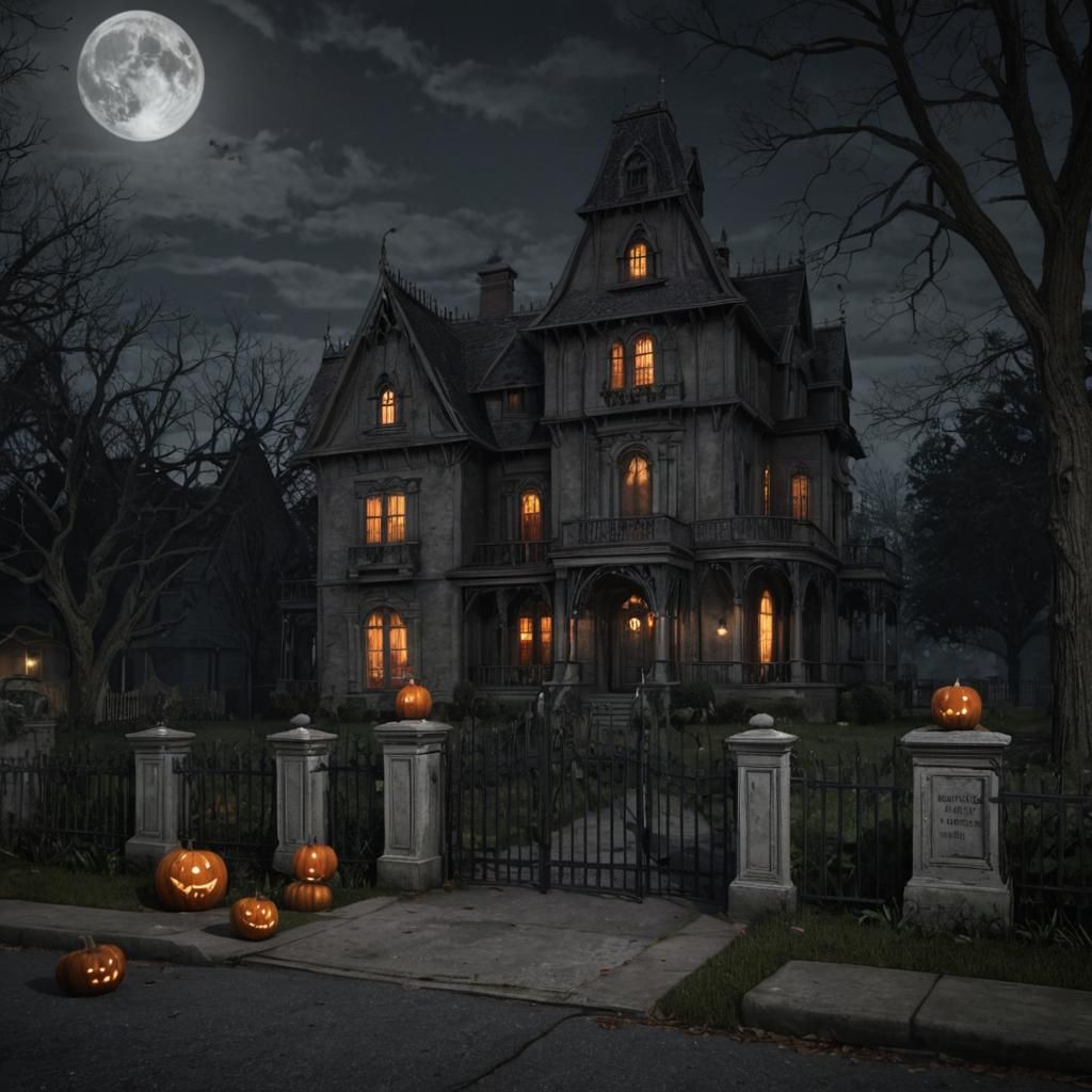 A hyperrealistic street level 3d render of the Munster's House at 1313 Mockingbird Lane, against the full moon. The old,...