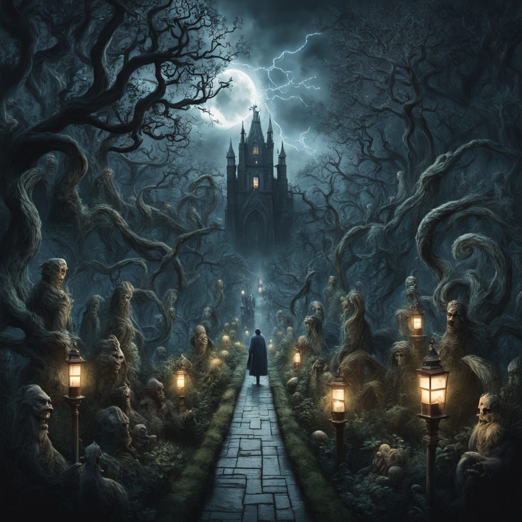 Hidden Garden with Grotesque Statues in Dark Fantasy Style