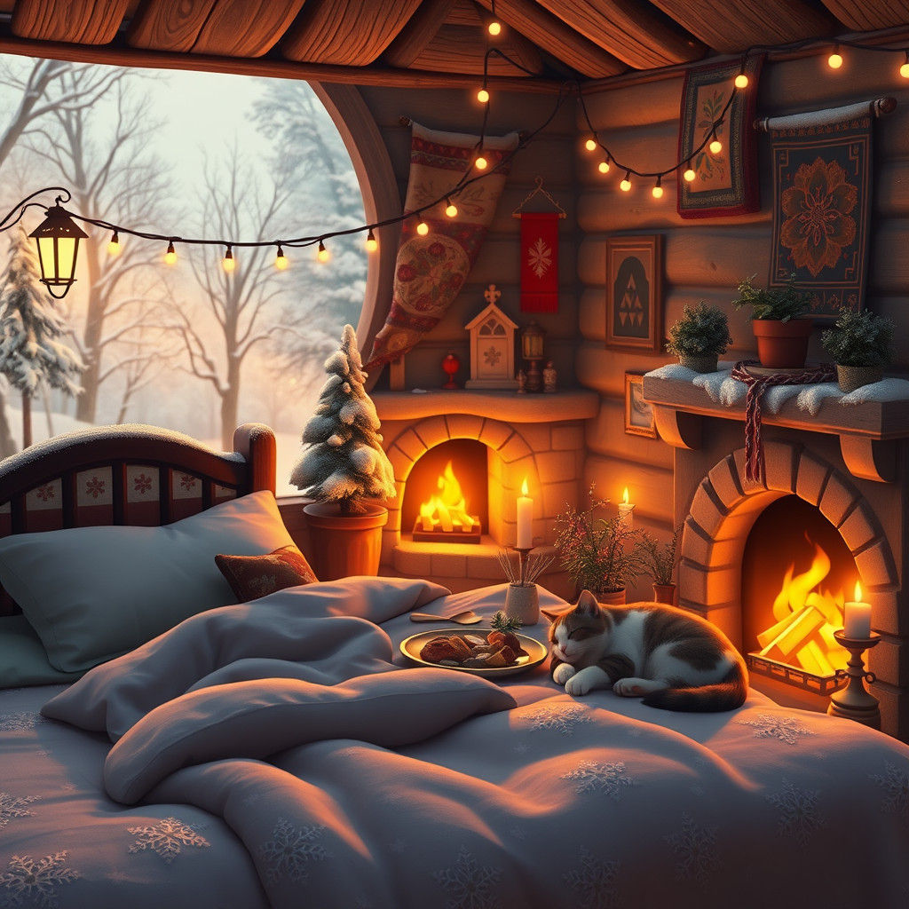 Cozy Whimsigoth Winter Scene with Sleeping Cat