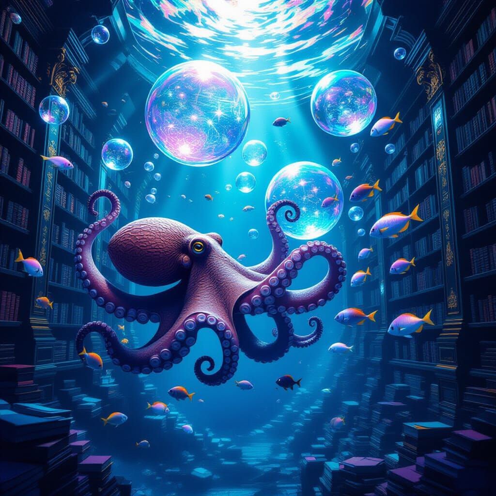 Underwater Library with Floating Books and Marine Life