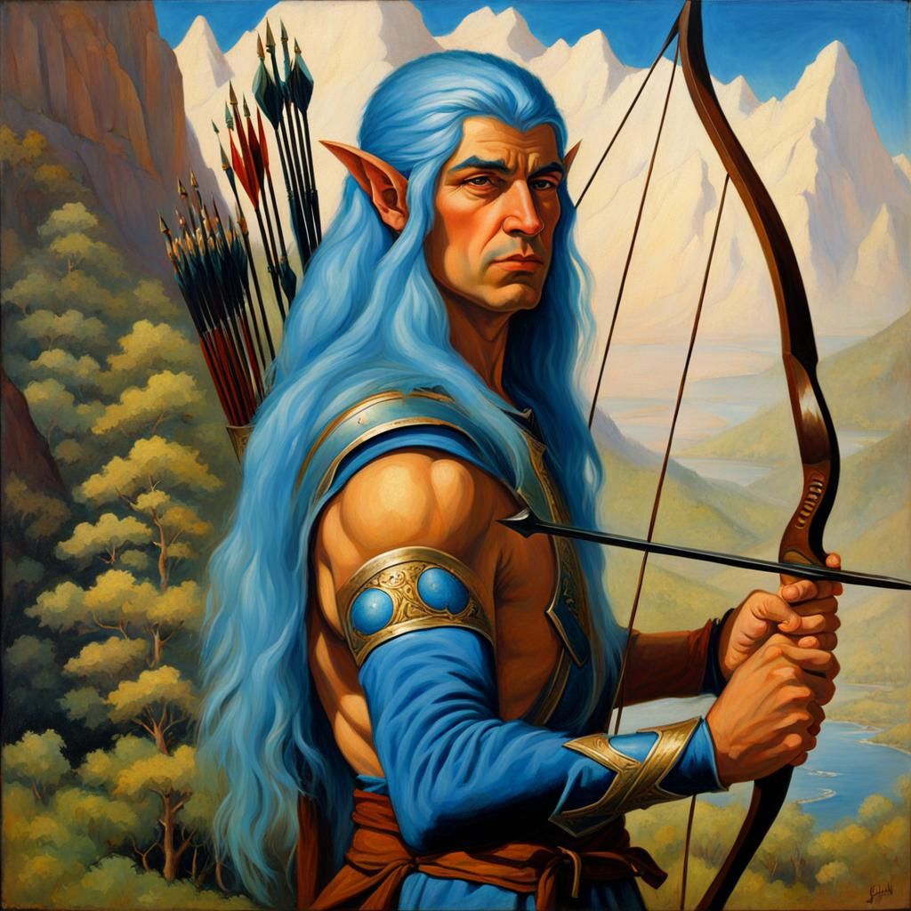 Male Elf Archer with Blue Hair, Oil Painting