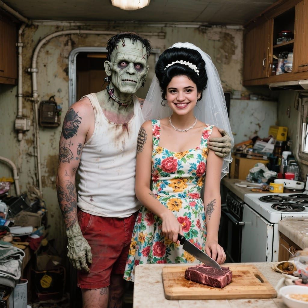 Frankenstein-like Man With Tattooed Arms Embraces Woman in K...