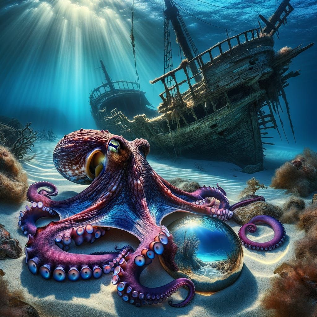 Surreal Underwater Scene with Radiant Octopus