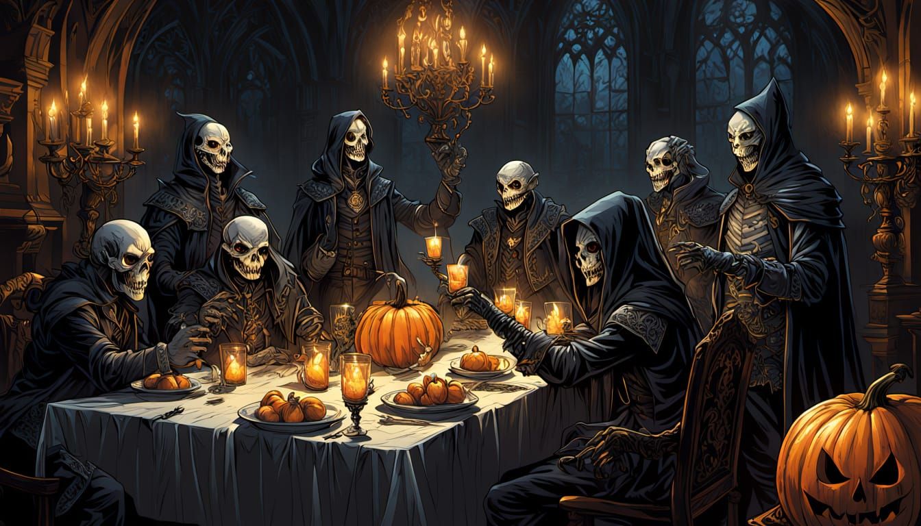 Macabre Harvest Feast with Masked Spirits
