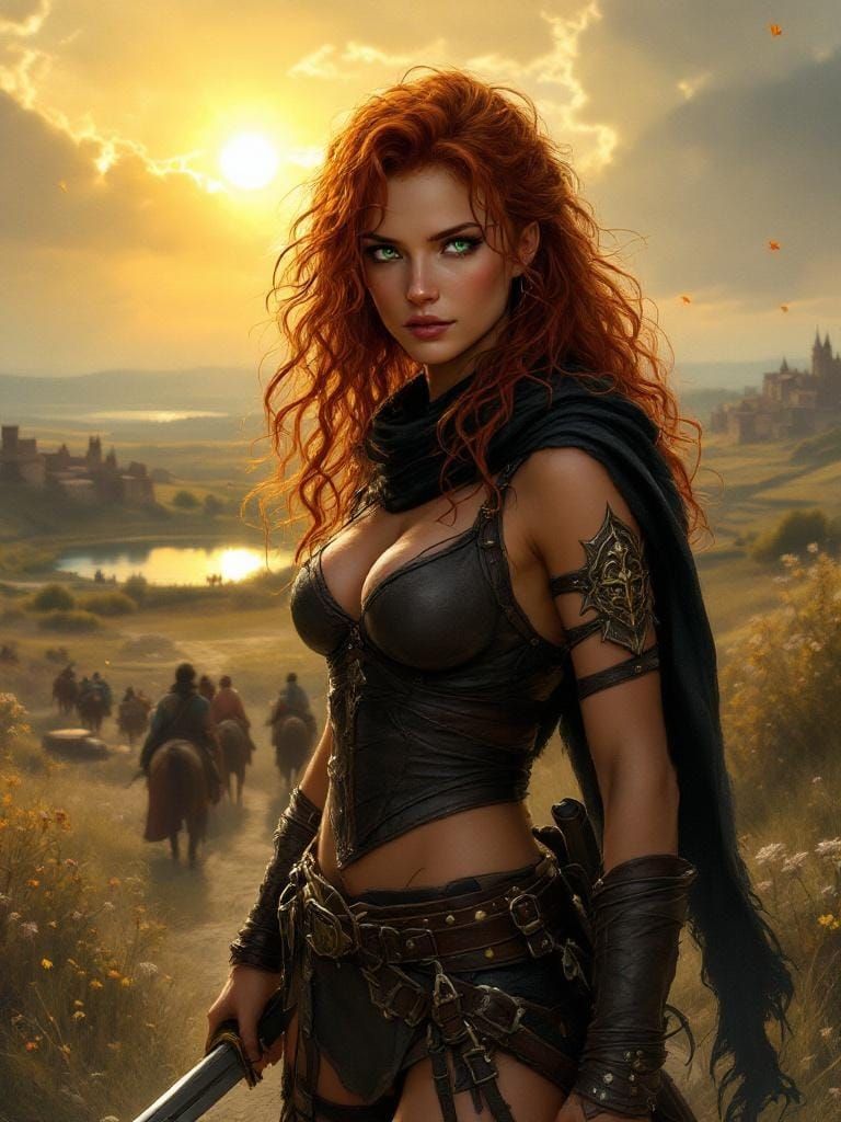 Woman Adventurer in Medieval Landscape, Fantasy Art