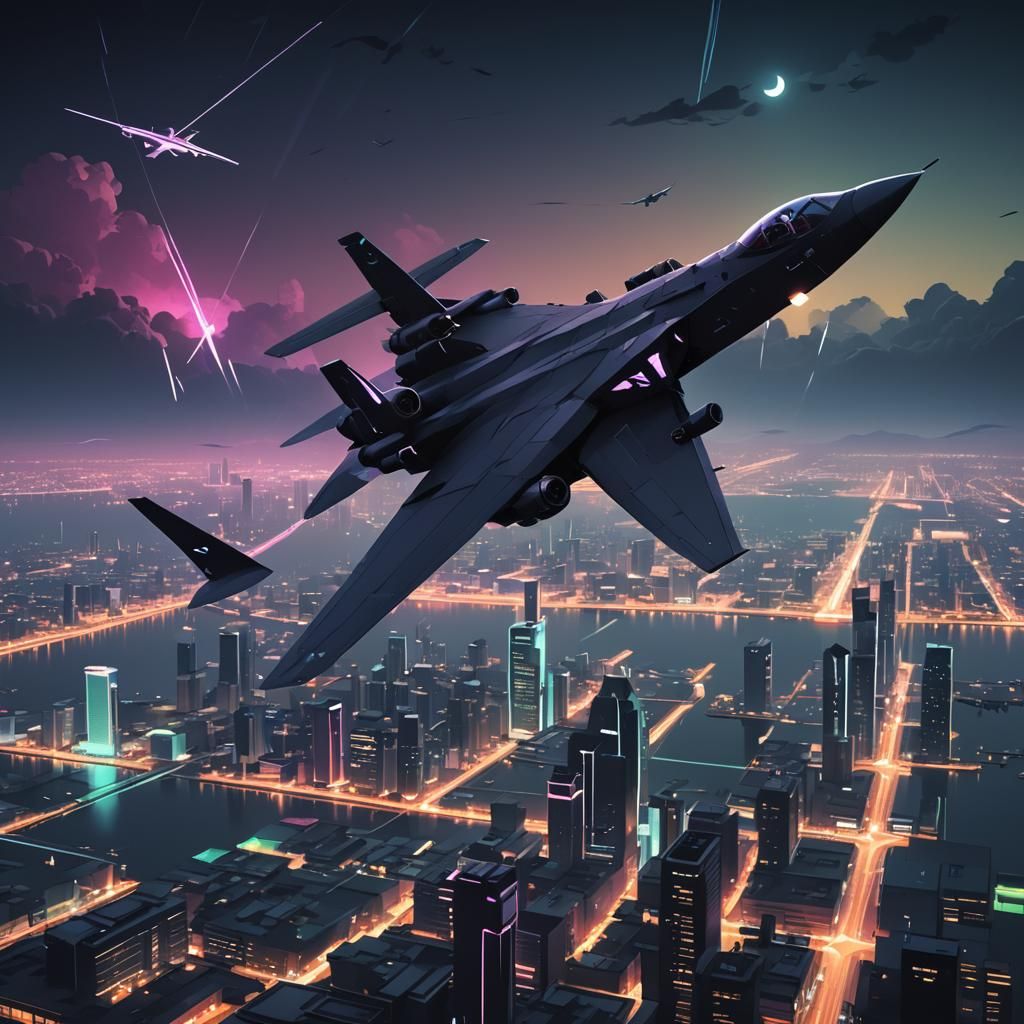 Stealth Plane Soaring Over Neon Cityscape in Low-Poly