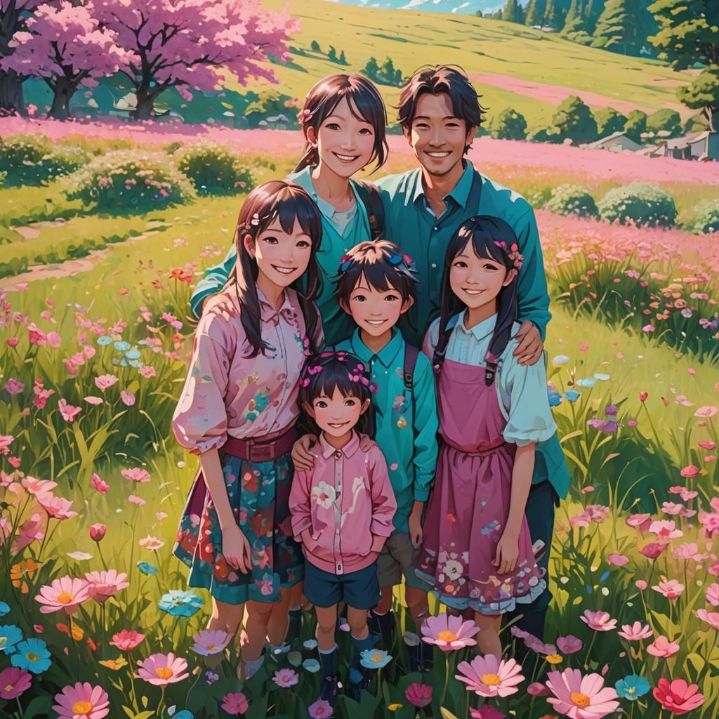 Anime Family Portrait in Sunny Meadow