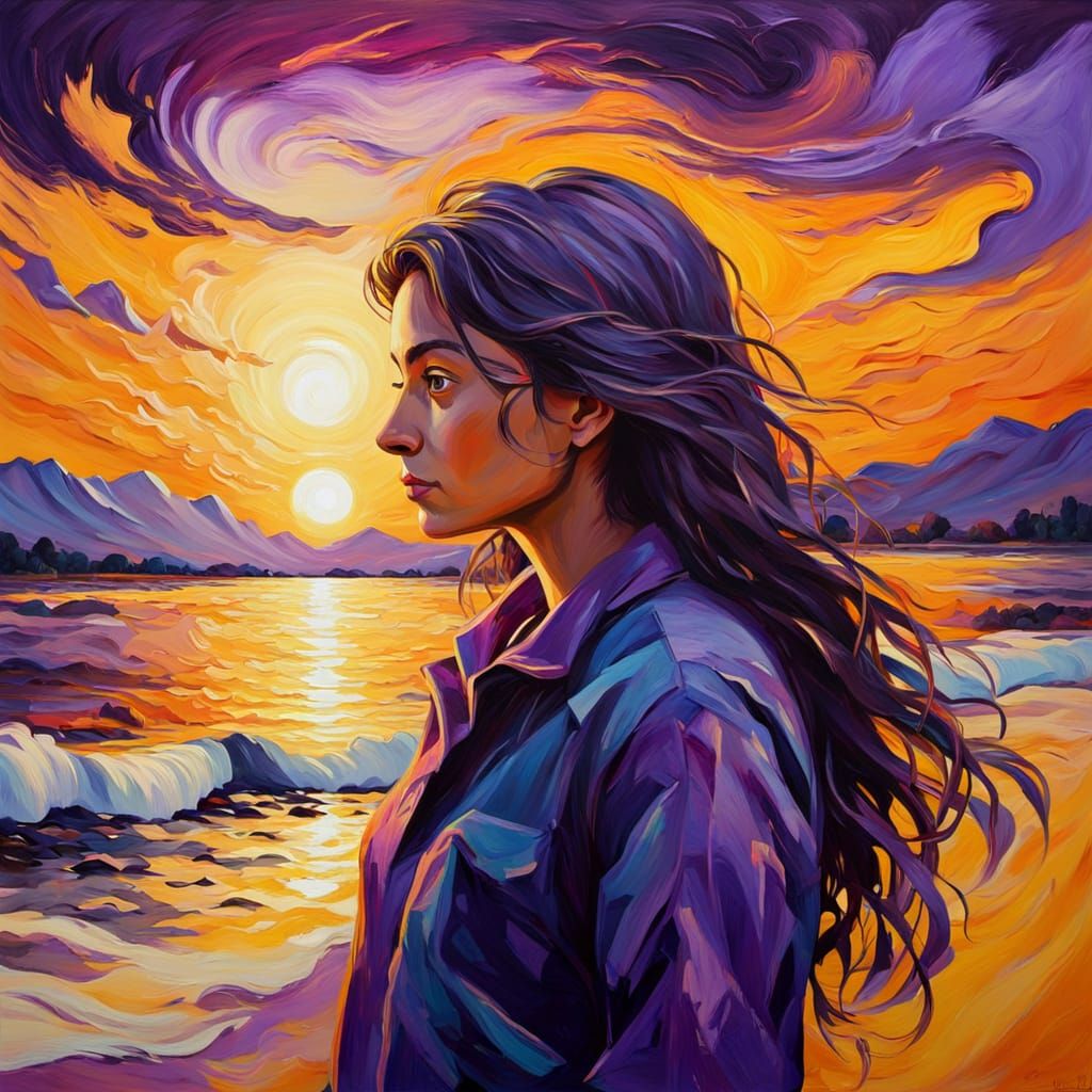 Person Watches Purple Sunset: Fauvist Oil Painting