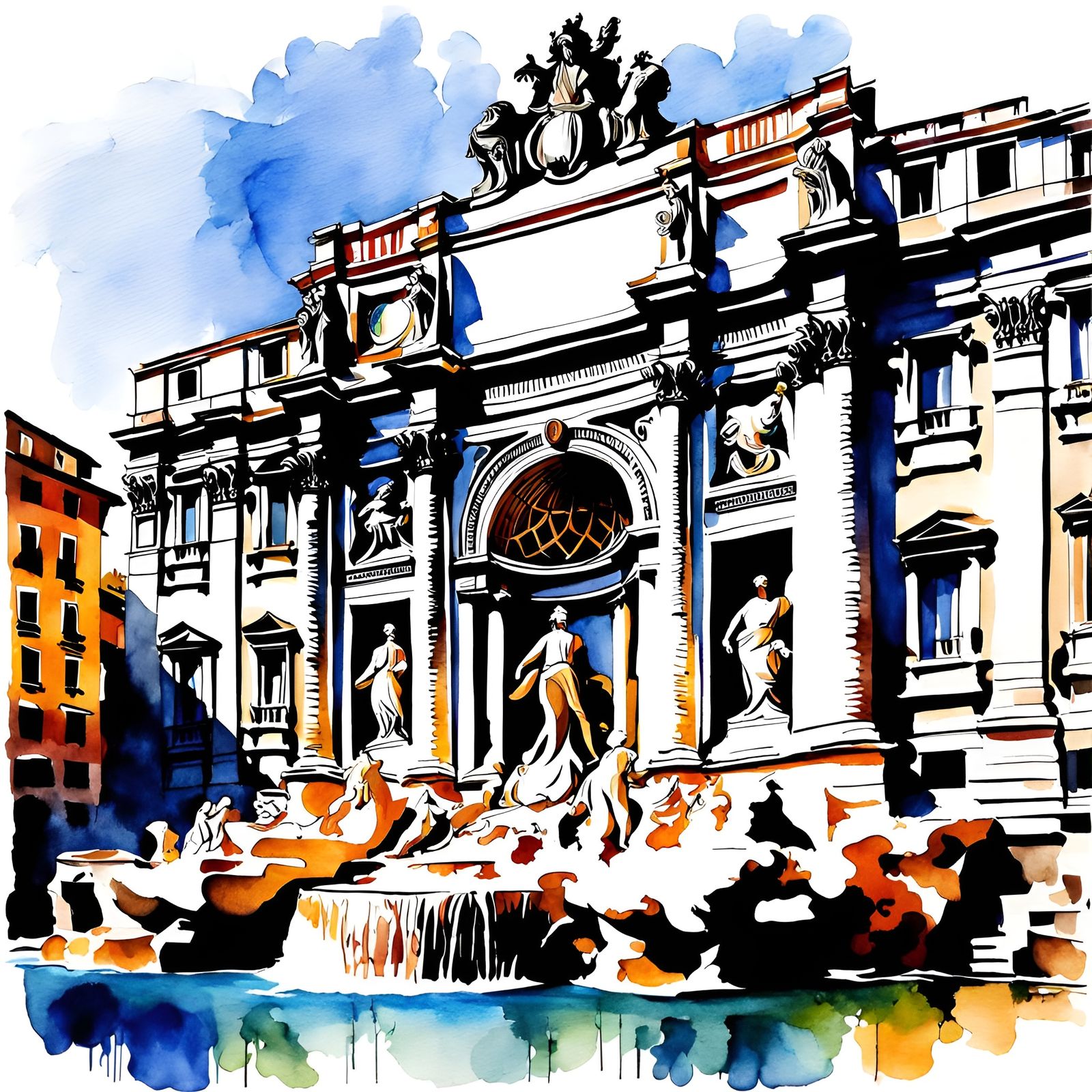 Fontana di Trevi, Rome, Italy (architectural opaque watercolor)